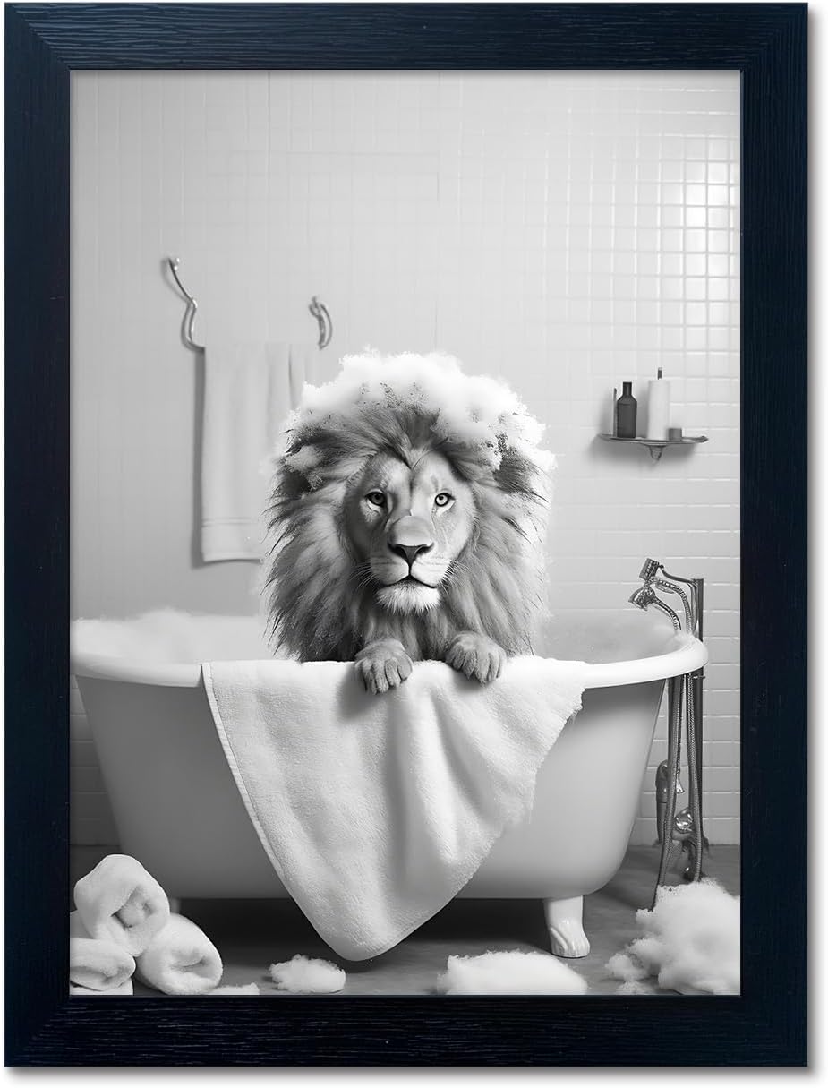 Bathroom Picture Wall Decor, Framed Black and White Bathroom Wall Art, Toilet Paper in Little Funny Raccoon's Hand Animal Canvas Print Painting