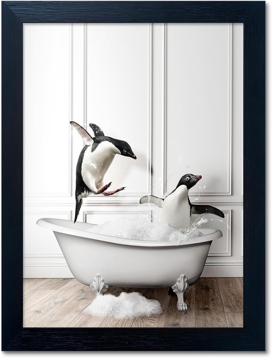 Bathroom Picture Wall Decor, Framed Black and White Bathroom Wall Art, Toilet Paper in Little Funny Raccoon's Hand Animal Canvas Print Painting