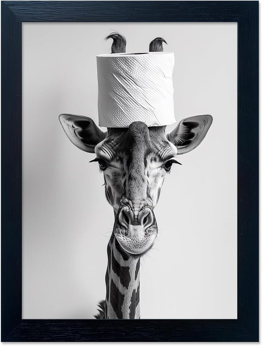 Bathroom Picture Wall Decor, Framed Black and White Bathroom Wall Art, Toilet Paper in Little Funny Raccoon's Hand Animal Canvas Print Painting