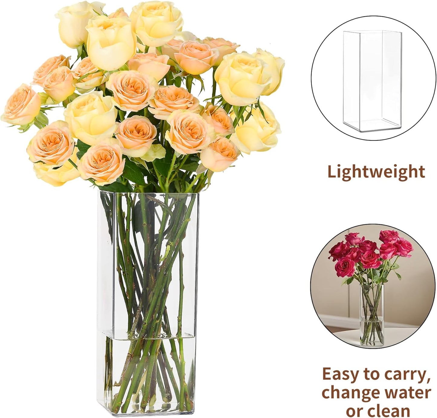 Acrylic Square Flower Vase, Non-breakable Vase, 4" x 4" x 8" Tall Clear Vases for Flower, Large Cube Floral Plant Container, Planter Terrarium for Wedding Party Event, Home Office Decor