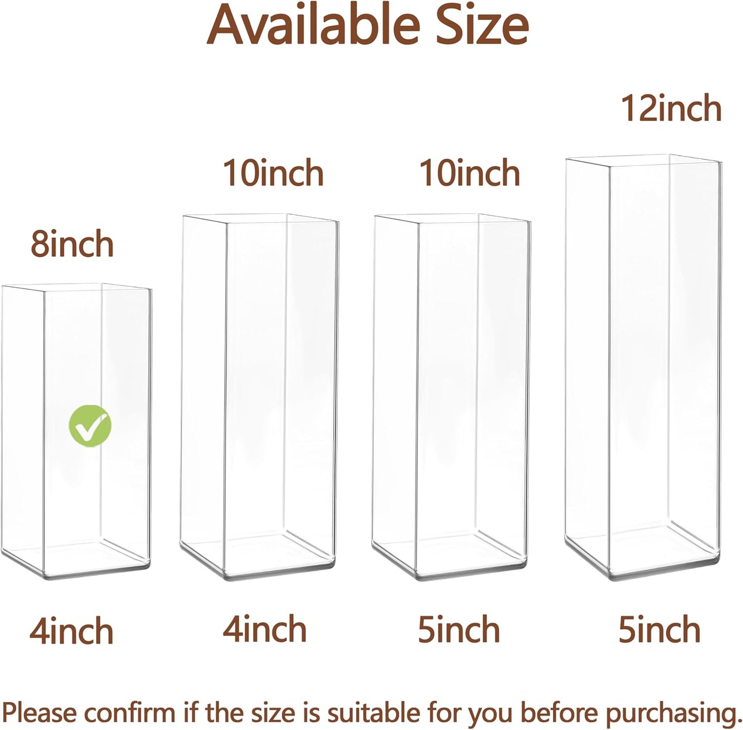 Acrylic Square Flower Vase, Non-breakable Vase, 4" x 4" x 8" Tall Clear Vases for Flower, Large Cube Floral Plant Container, Planter Terrarium for Wedding Party Event, Home Office Decor
