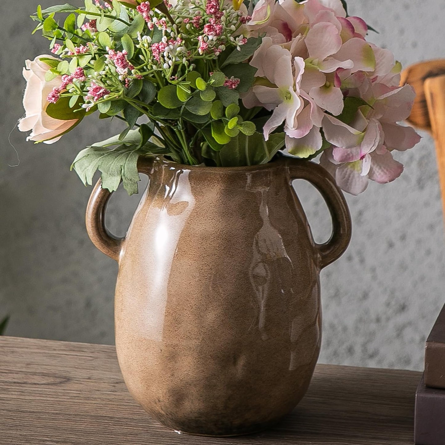 Blue Ceramic Vase with 2 Handles - Modern Farmhouse Rustic Terracotta Decorative Clay Boho Vase for Pampas Grass and Home Decor