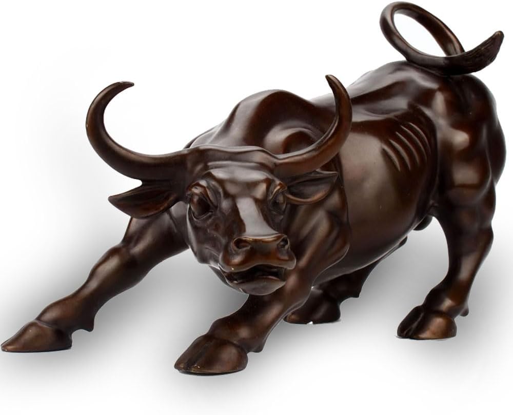 Wall Street Bull Bronze Sculpture - 11" Charging Bull Statue | Heavy Solid Bronze Home Decor and Office Ornament | Brass Cow/Ox Figure