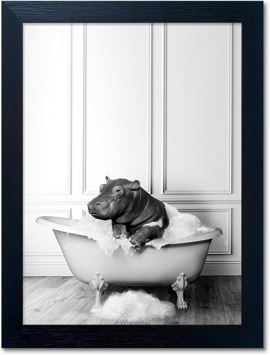 Bathroom Picture Wall Decor, Framed Black and White Bathroom Wall Art, Toilet Paper in Little Funny Raccoon's Hand Animal Canvas Print Painting