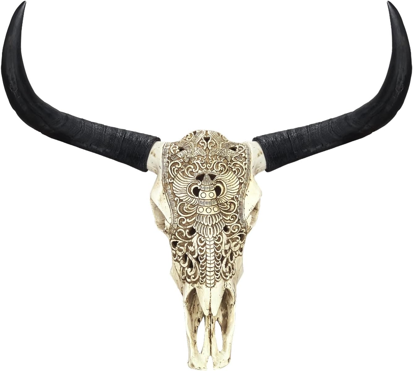 HETBGJU Large Black white Faux Cow Skull Wall Decor with Long Horns - Realistic Resin Bull Head Sculpture - Western Farmhouse Wall Hanging 31" x 24" incl Horns (white)