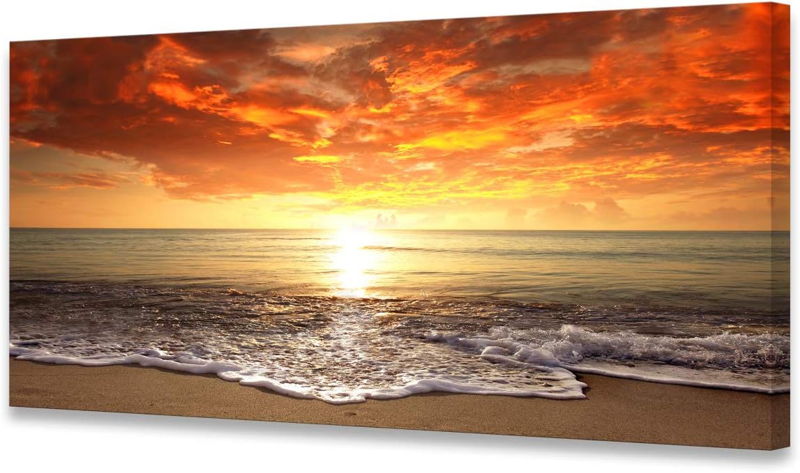 Baisuart S02250 Canvas Prints Wall Art Beach Sunset Ocean Waves Nature Pictures Stretched Canvas Wooden Framed for living Room Bedroom and Office