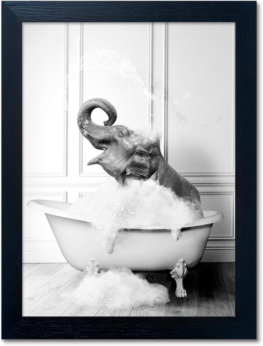 Bathroom Picture Wall Decor, Framed Black and White Bathroom Wall Art, Toilet Paper in Little Funny Raccoon's Hand Animal Canvas Print Painting