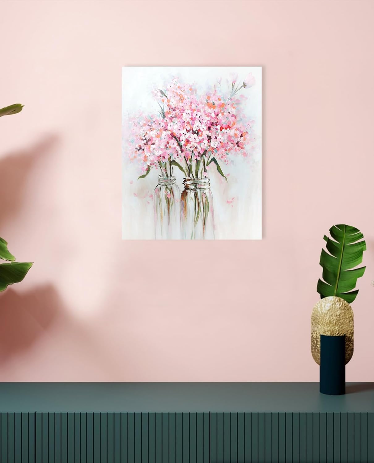 YPY Pink Flowers Canvas Wall Art: Abstract Bouquet in Vase Artwork Prints for Teen Girl Bedroom Pink Floral Picture Poster Bathroom Decor 12" x 15"