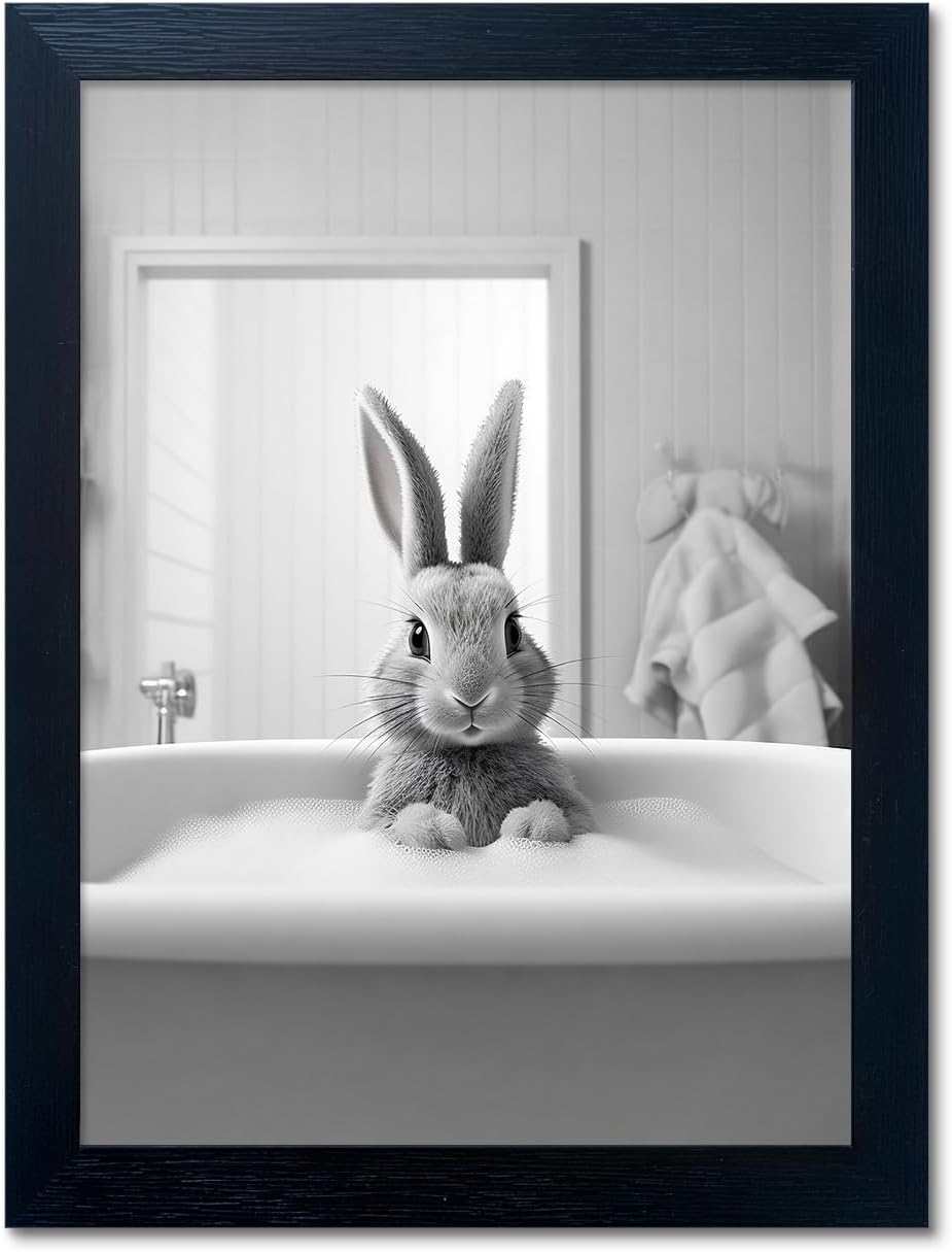 Bathroom Picture Wall Decor, Framed Black and White Bathroom Wall Art, Toilet Paper in Little Funny Raccoon's Hand Animal Canvas Print Painting