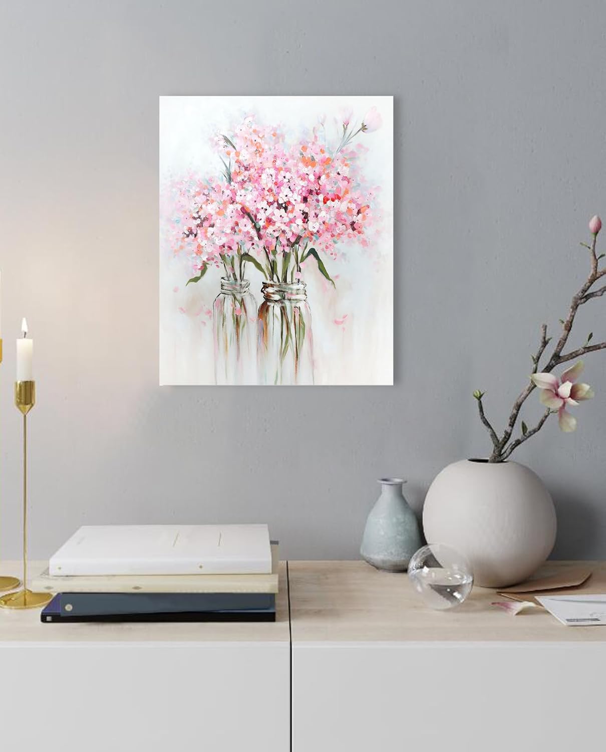 YPY Pink Flowers Canvas Wall Art: Abstract Bouquet in Vase Artwork Prints for Teen Girl Bedroom Pink Floral Picture Poster Bathroom Decor 12" x 15"