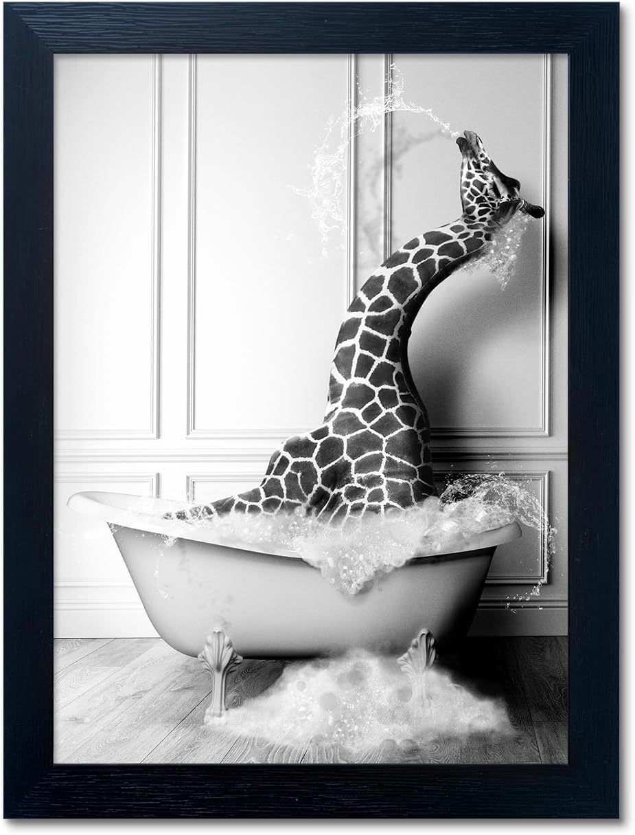 Bathroom Picture Wall Decor, Framed Black and White Bathroom Wall Art, Toilet Paper in Little Funny Raccoon's Hand Animal Canvas Print Painting