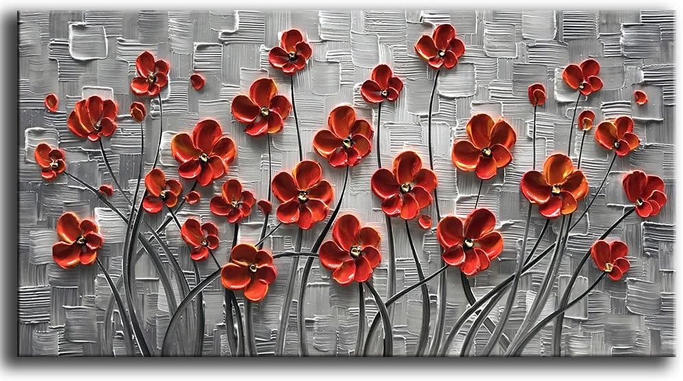 YaSheng Art - hand-painted Oil Painting On Canvas Texture Palette Knife Red Flowers Paintings Modern Home Decor Wall Art Painting Colorful 3D Flowers Tree Paintings Ready to hang 24x48inch