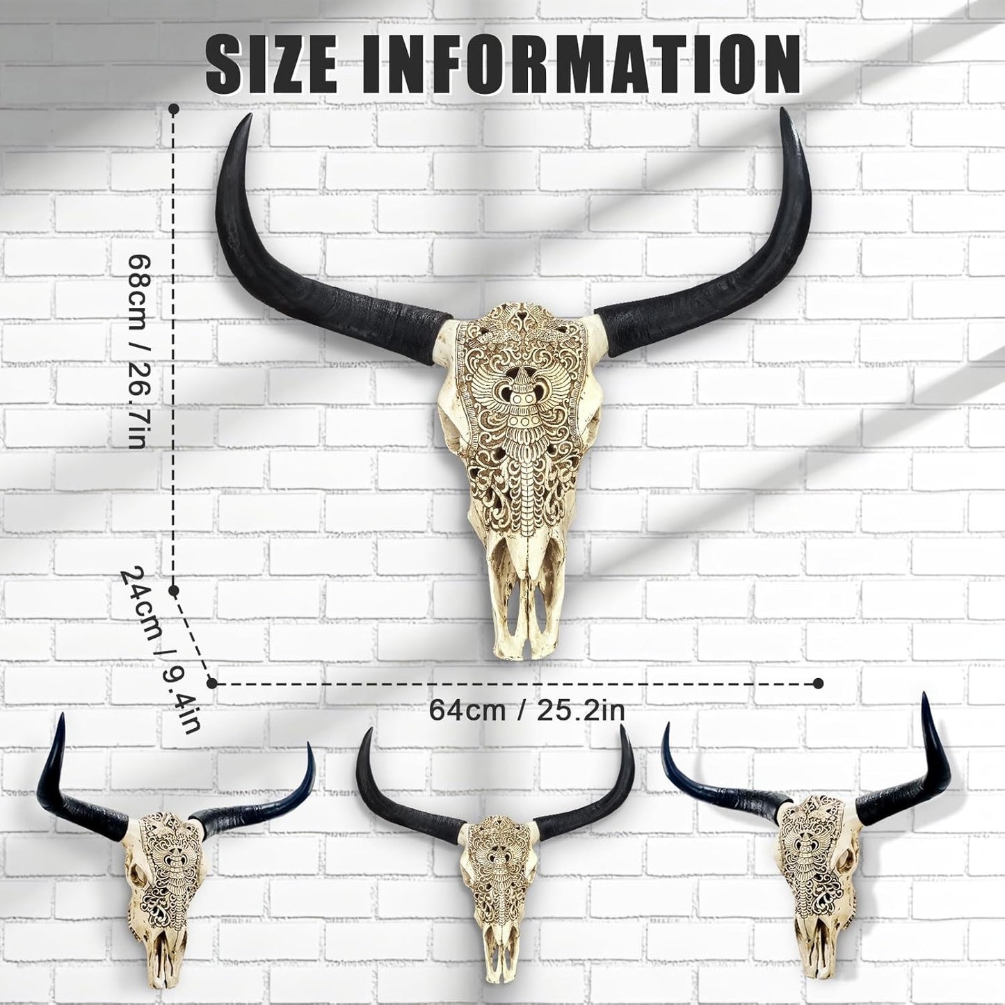 HETBGJU Large Black white Faux Cow Skull Wall Decor with Long Horns - Realistic Resin Bull Head Sculpture - Western Farmhouse Wall Hanging 31" x 24" incl Horns (white)