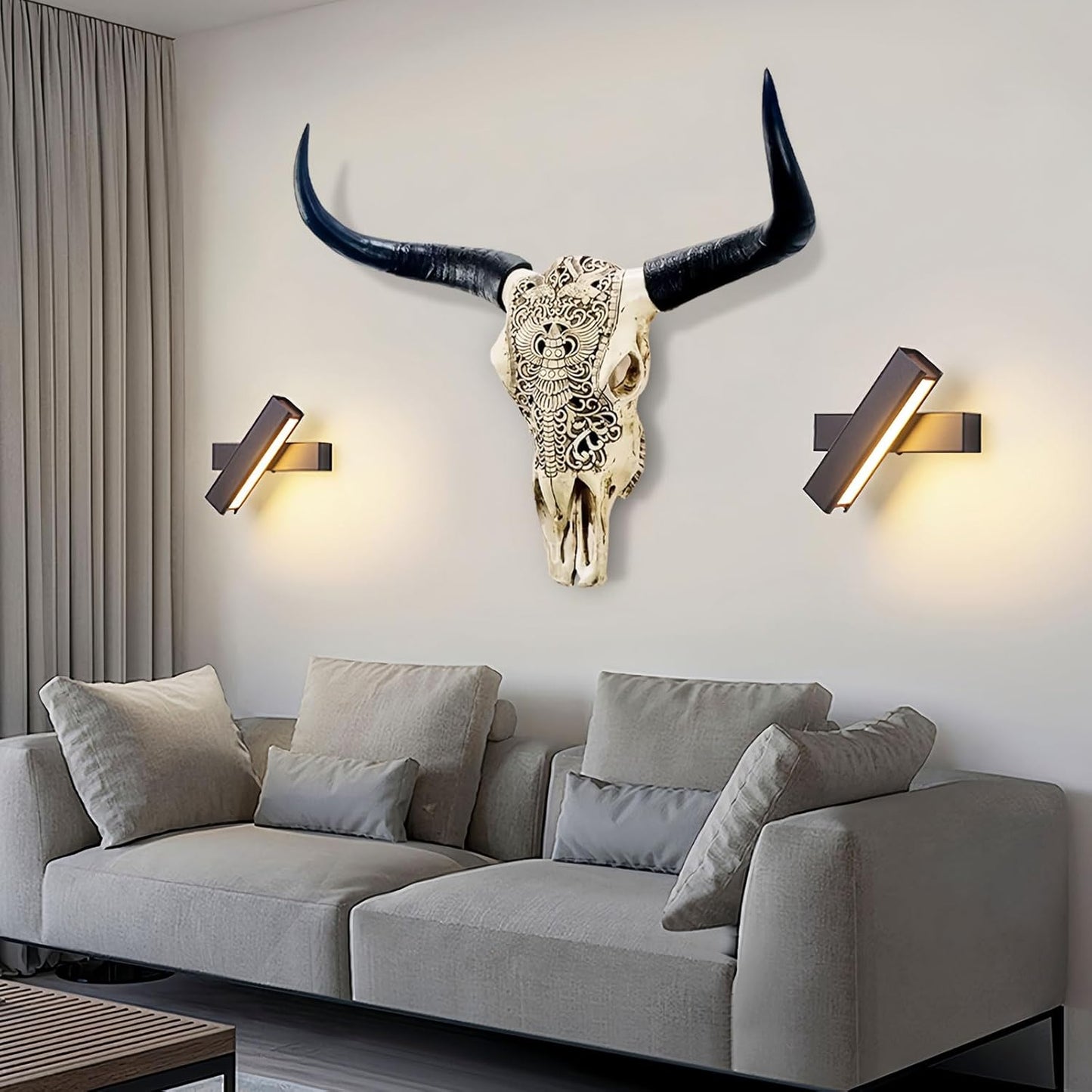 HETBGJU Large Black white Faux Cow Skull Wall Decor with Long Horns - Realistic Resin Bull Head Sculpture - Western Farmhouse Wall Hanging 31" x 24" incl Horns (white)
