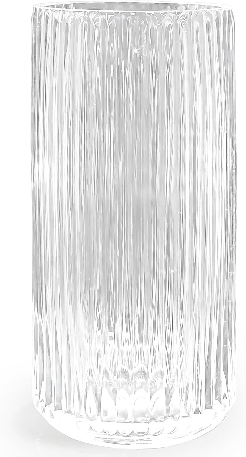 Muyan 7.5" Flower Vase for Decor Ribbed Glass Vase Modern for Centerpieces Desktop Home Office Dining Living Room Wedding (Green)