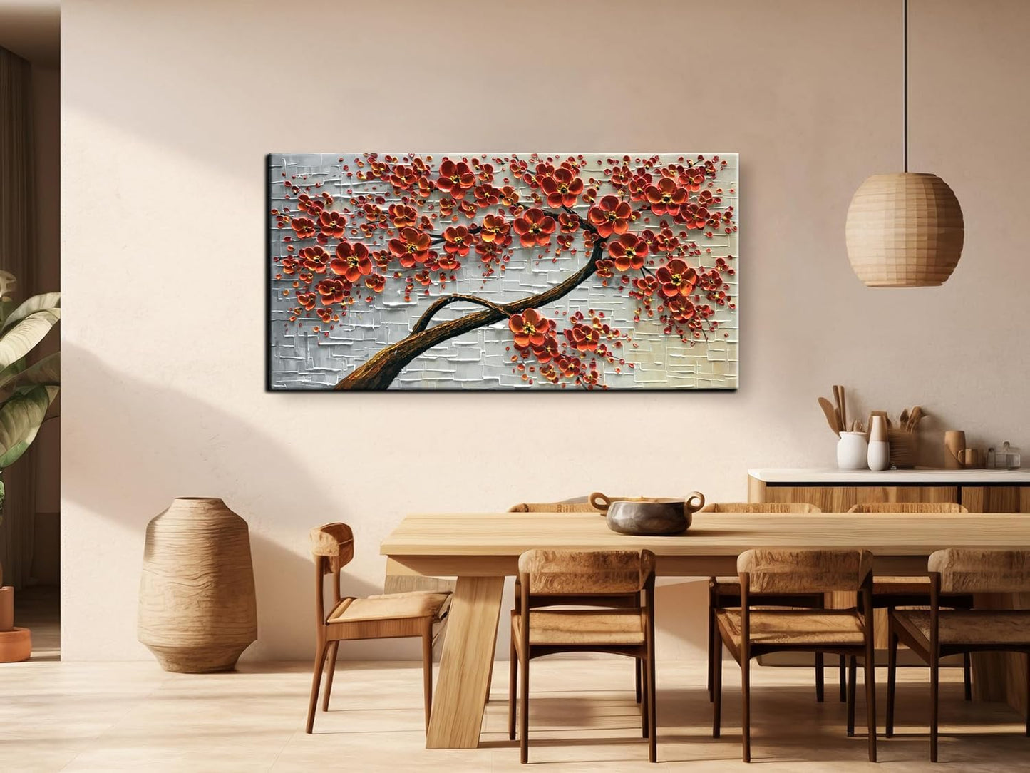 YaSheng Art - hand-painted Oil Painting On Canvas Texture Palette Knife Red Flowers Paintings Modern Home Decor Wall Art Painting Colorful 3D Flowers Tree Paintings Ready to hang 24x48inch