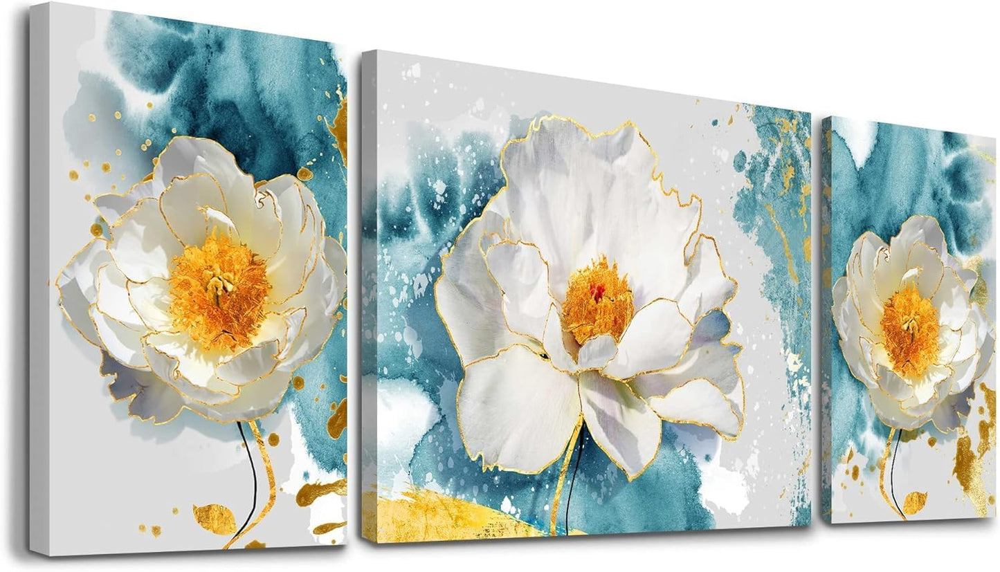 SERIMINO 3 Piece Lotus Flower Canvas Wall Art for Living Room, Blue Floral Picture Wall Decor for Dining Room Bedroom, Art Print Painting for Home Decorations 12"X16"