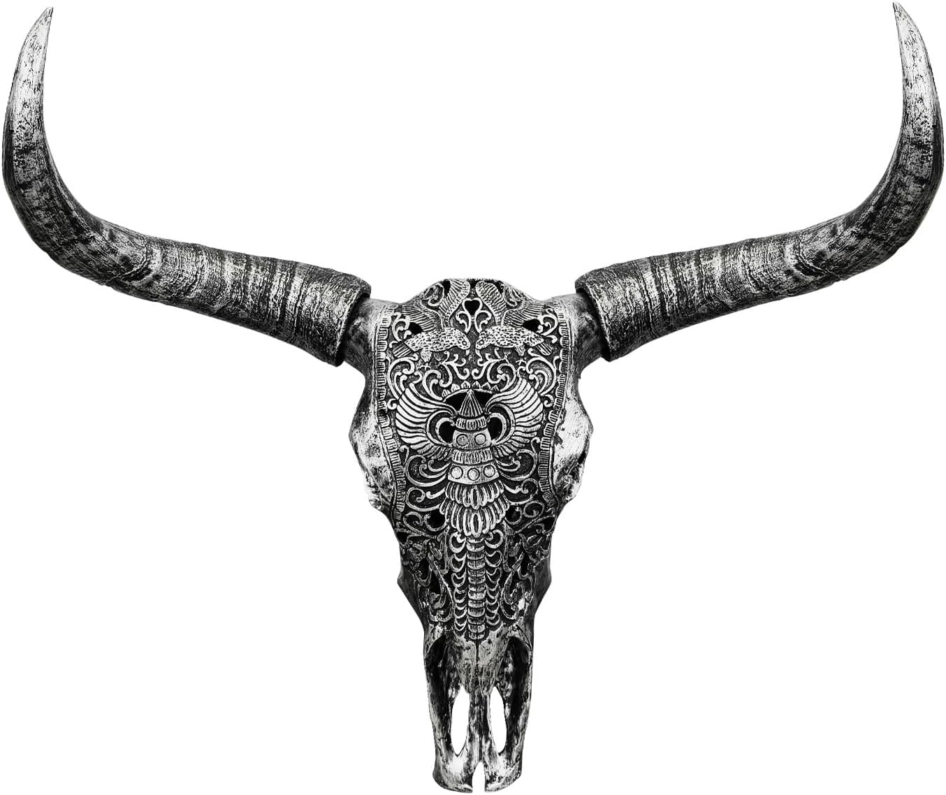 HETBGJU Large Black white Faux Cow Skull Wall Decor with Long Horns - Realistic Resin Bull Head Sculpture - Western Farmhouse Wall Hanging 31" x 24" incl Horns (white)