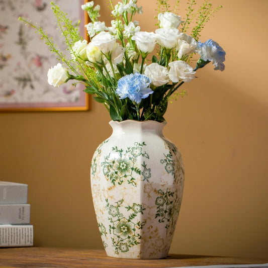 Green and White Vintage Ceramic Vase, 9.1 Inch Ice Glazed Crack Chinoiserie Rustic Floral vases, Green and Beige Large Pastoral Farmhouse Flower Vase for Tuscan Home Decor (D 6" X H 9.1")