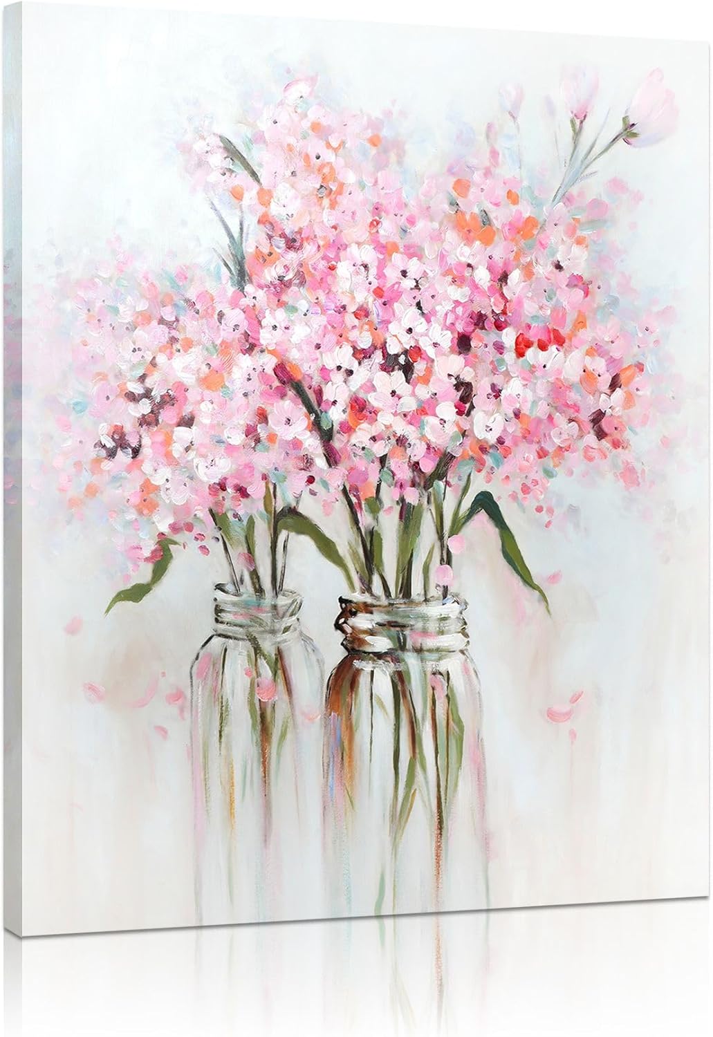 YPY Pink Flowers Canvas Wall Art: Abstract Bouquet in Vase Artwork Prints for Teen Girl Bedroom Pink Floral Picture Poster Bathroom Decor 12" x 15"