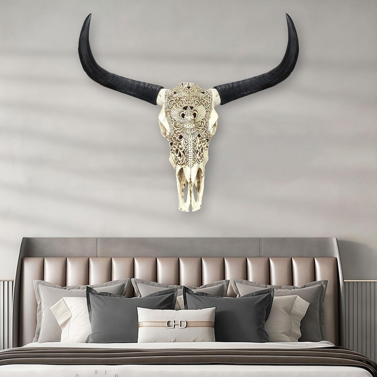 HETBGJU Large Black white Faux Cow Skull Wall Decor with Long Horns - Realistic Resin Bull Head Sculpture - Western Farmhouse Wall Hanging 31" x 24" incl Horns (white)