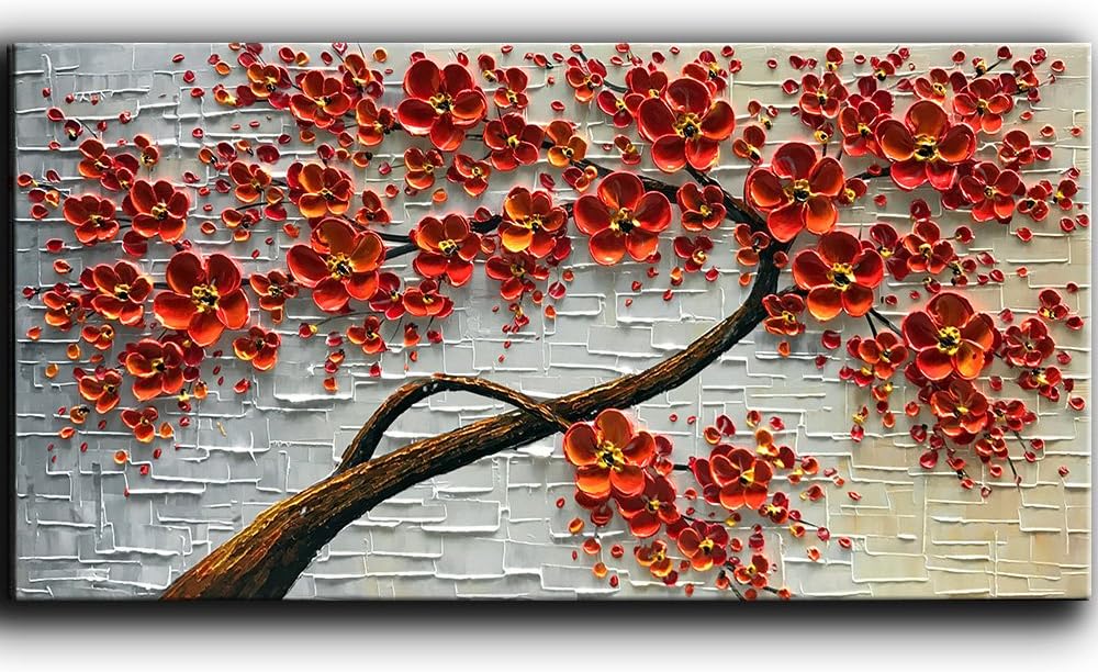 YaSheng Art - hand-painted Oil Painting On Canvas Texture Palette Knife Red Flowers Paintings Modern Home Decor Wall Art Painting Colorful 3D Flowers Tree Paintings Ready to hang 24x48inch