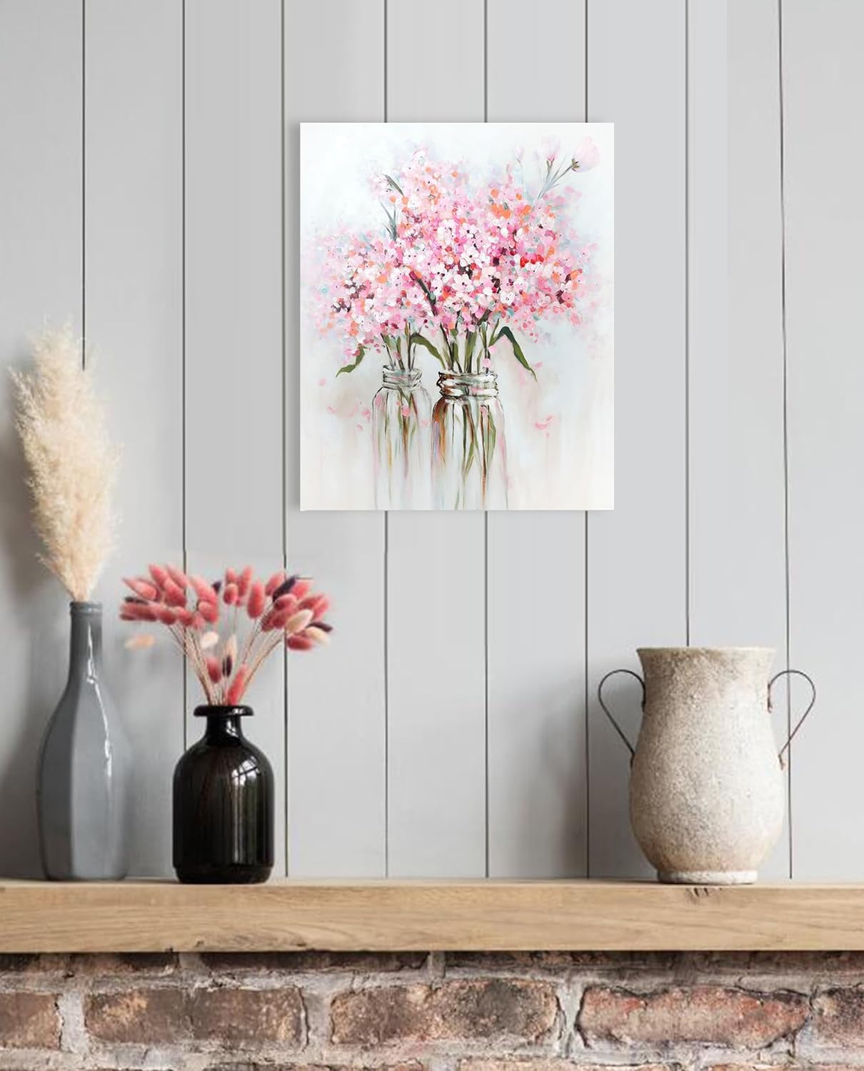 YPY Pink Flowers Canvas Wall Art: Abstract Bouquet in Vase Artwork Prints for Teen Girl Bedroom Pink Floral Picture Poster Bathroom Decor 12" x 15"