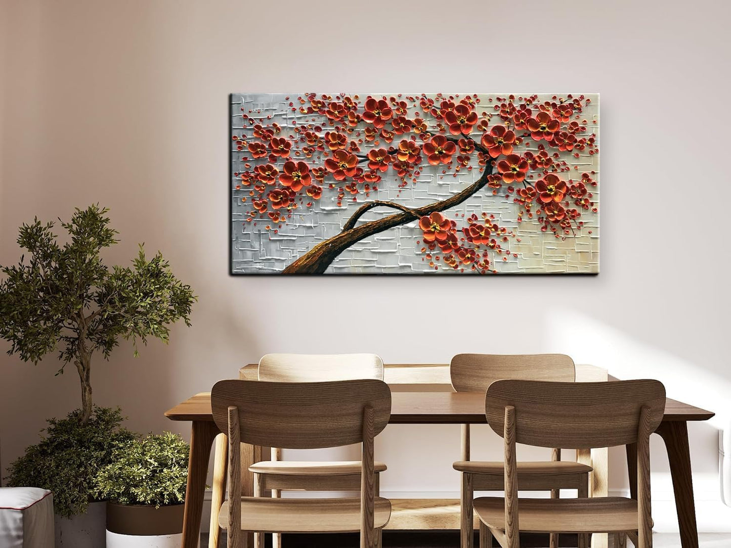 YaSheng Art - hand-painted Oil Painting On Canvas Texture Palette Knife Red Flowers Paintings Modern Home Decor Wall Art Painting Colorful 3D Flowers Tree Paintings Ready to hang 24x48inch