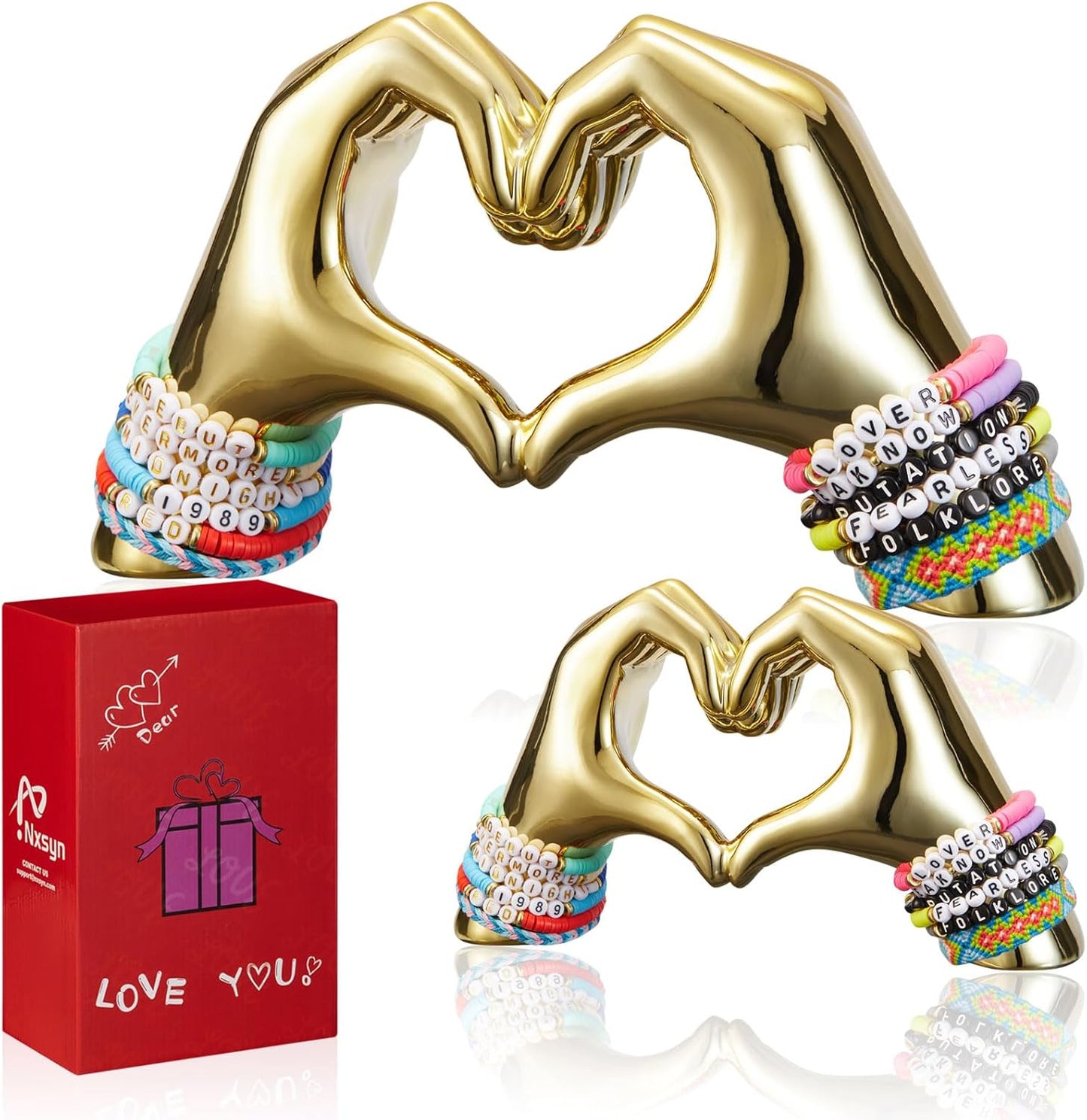 2Pcs Golden Heart Hands Statue - Love Finger Sculptures for Modern Aesthetic Home Decor: Perfect Living Room, Bedroom and Office Display - Elegant Wedding Gift for Love and Anniversaries(No Bracelets)