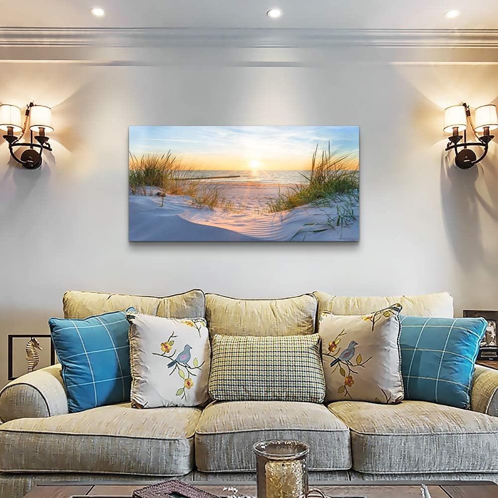 MHARTK66 Wall Decor For Living Room Large Canvas Wall Art For Bedroom Modern Office Pictures Wall Artwork Blue Sun Beach Grass Ocean Landscape Paintings Canvas Art Prints Home Decorations