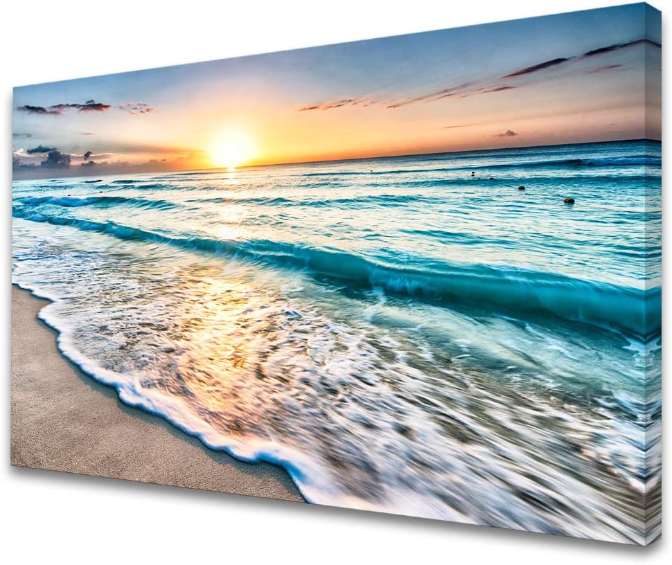 Baisuart S02250 Canvas Prints Wall Art Beach Sunset Ocean Waves Nature Pictures Stretched Canvas Wooden Framed for living Room Bedroom and Office