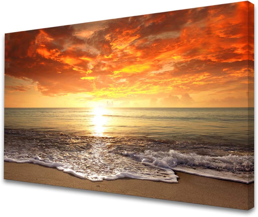 Baisuart S02250 Canvas Prints Wall Art Beach Sunset Ocean Waves Nature Pictures Stretched Canvas Wooden Framed for living Room Bedroom and Office