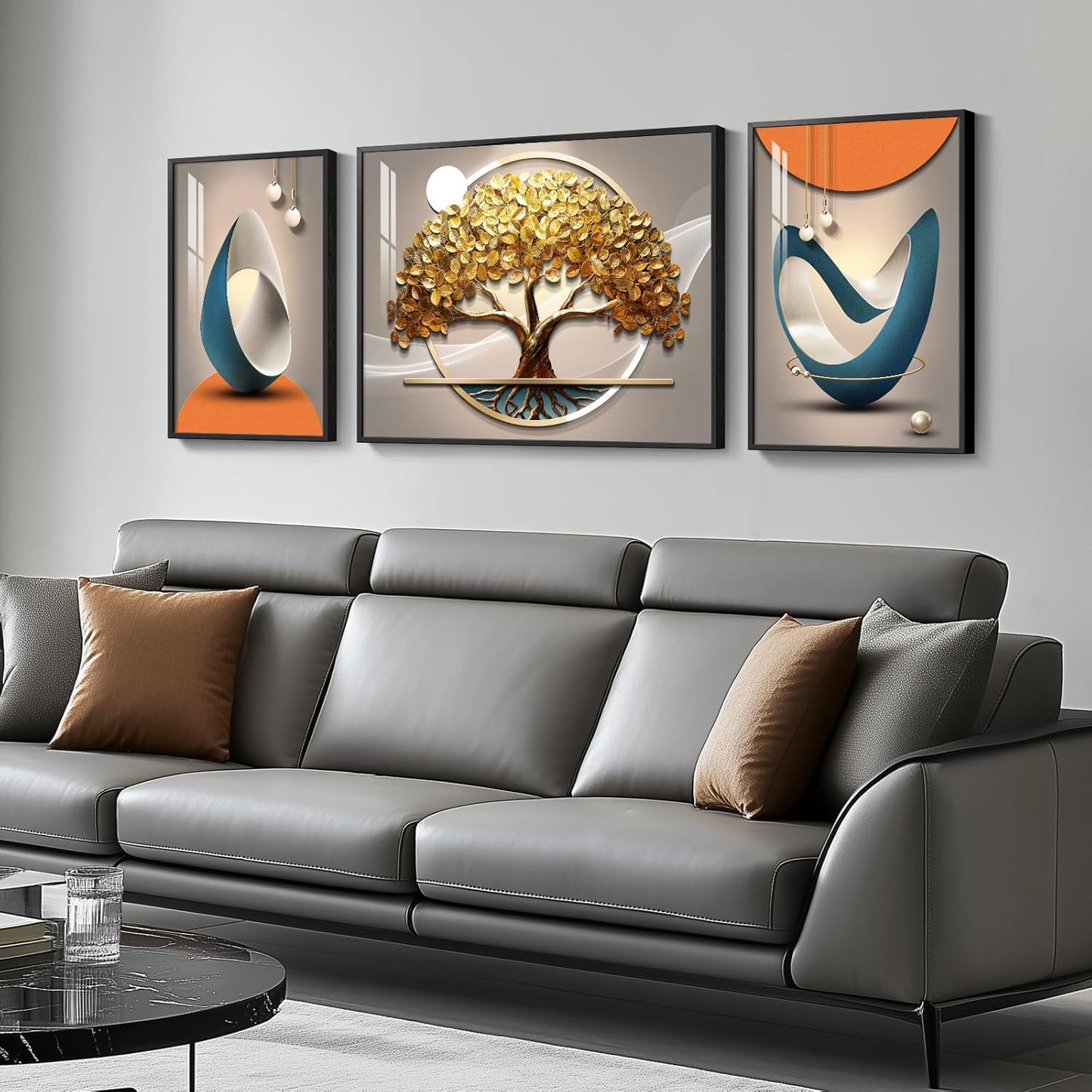 Cuspin Modern Luxury Large Wall Art Set of 3 Bright Style Abstract Paintings, Glossy Art Prints for Living Room, Hallway, Dining Room, Office