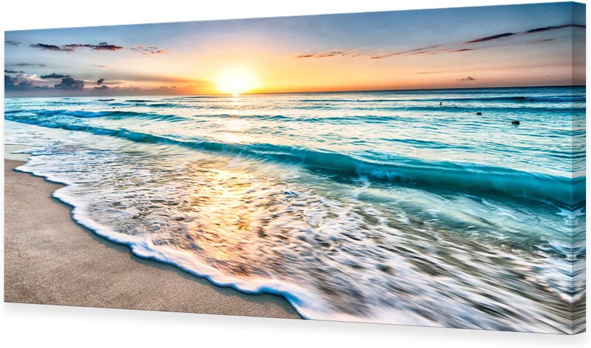 Baisuart S02250 Canvas Prints Wall Art Beach Sunset Ocean Waves Nature Pictures Stretched Canvas Wooden Framed for living Room Bedroom and Office