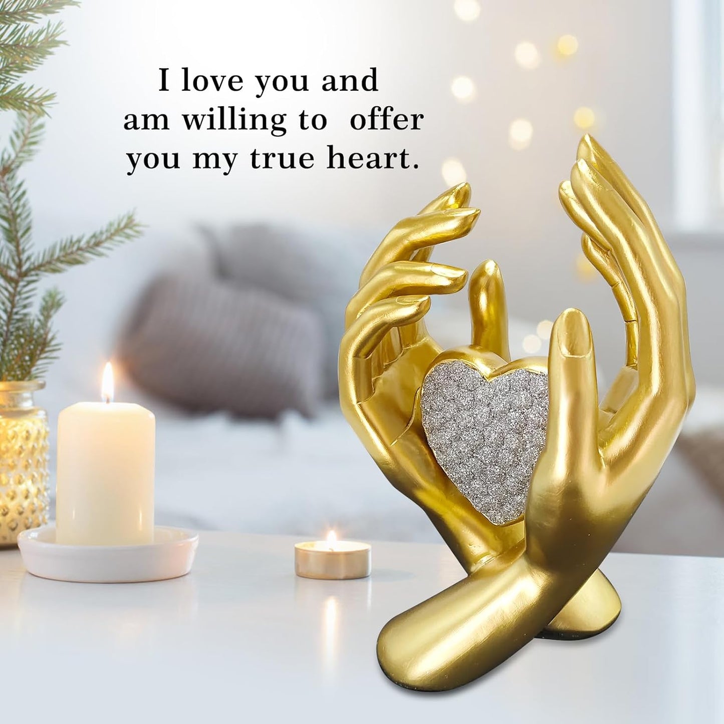 Gold Heart Hands Sculpture Modern Aesthetic Decoration Accents Figurines Home Decor, Gold Love Heart Statue Decor for Living Room Bedroom Shelf Office Table Women Girl, Wedding Anniversary Couple Gift