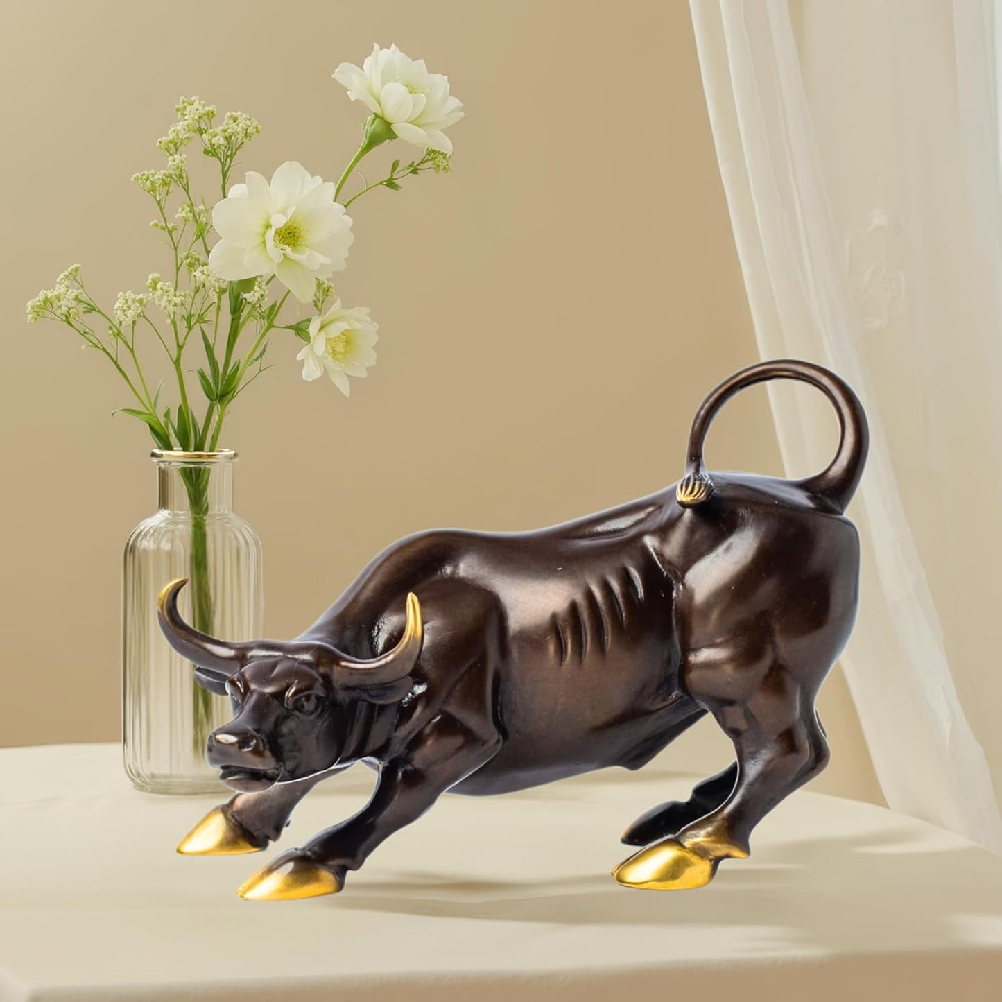 Wall Street Bull Bronze Sculpture - 11" Charging Bull Statue | Heavy Solid Bronze Home Decor and Office Ornament | Brass Cow/Ox Figure