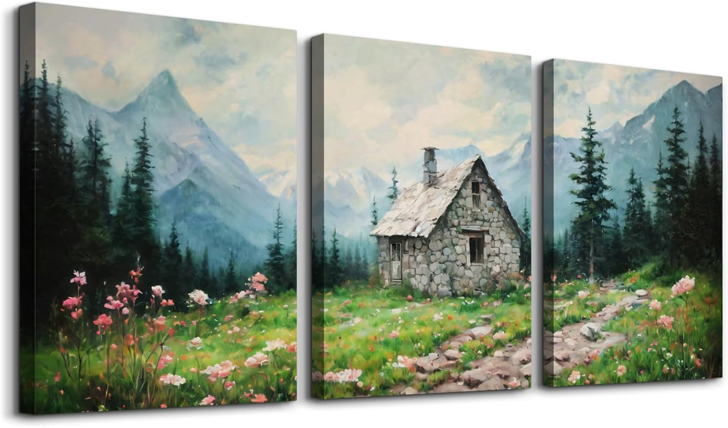 SERIMINO 3 Piece Lotus Flower Canvas Wall Art for Living Room, Blue Floral Picture Wall Decor for Dining Room Bedroom, Art Print Painting for Home Decorations 12"X16"