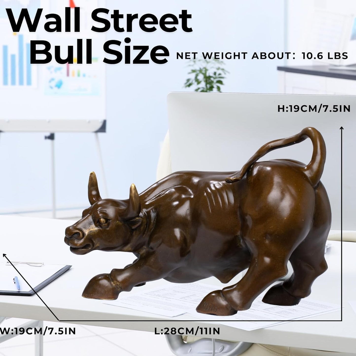 Wall Street Bull Bronze Sculpture - 11" Charging Bull Statue | Heavy Solid Bronze Home Decor and Office Ornament | Brass Cow/Ox Figure