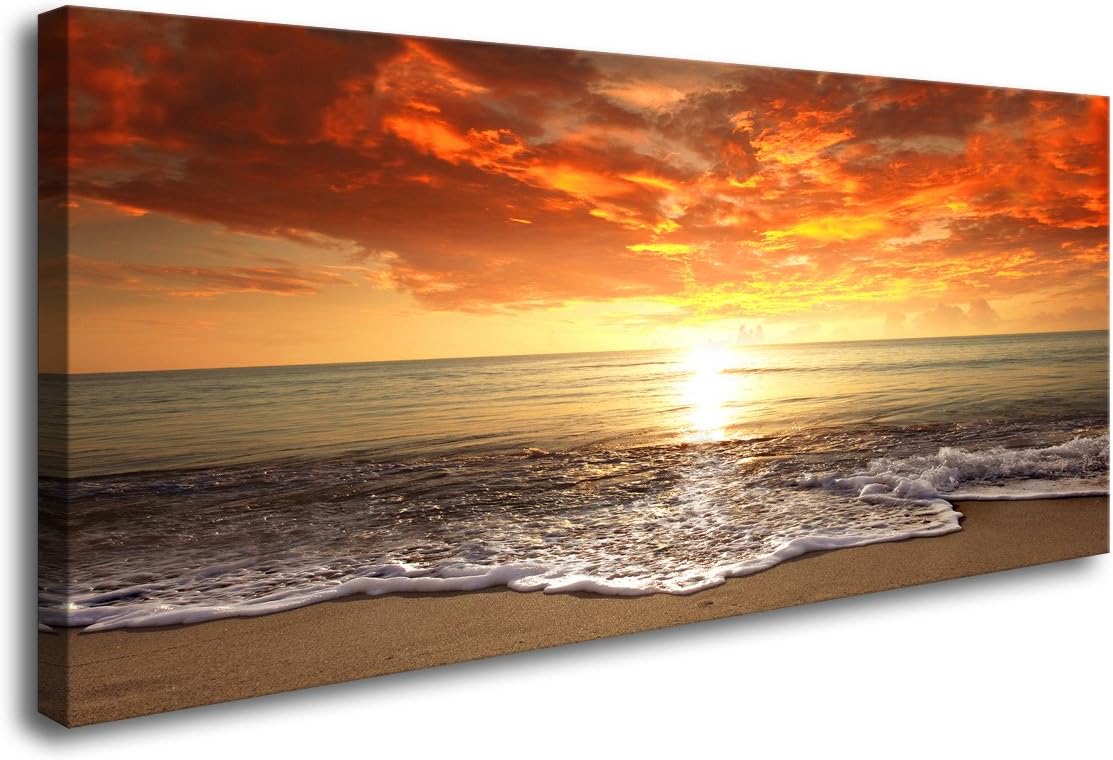 Baisuart S02250 Canvas Prints Wall Art Beach Sunset Ocean Waves Nature Pictures Stretched Canvas Wooden Framed for living Room Bedroom and Office