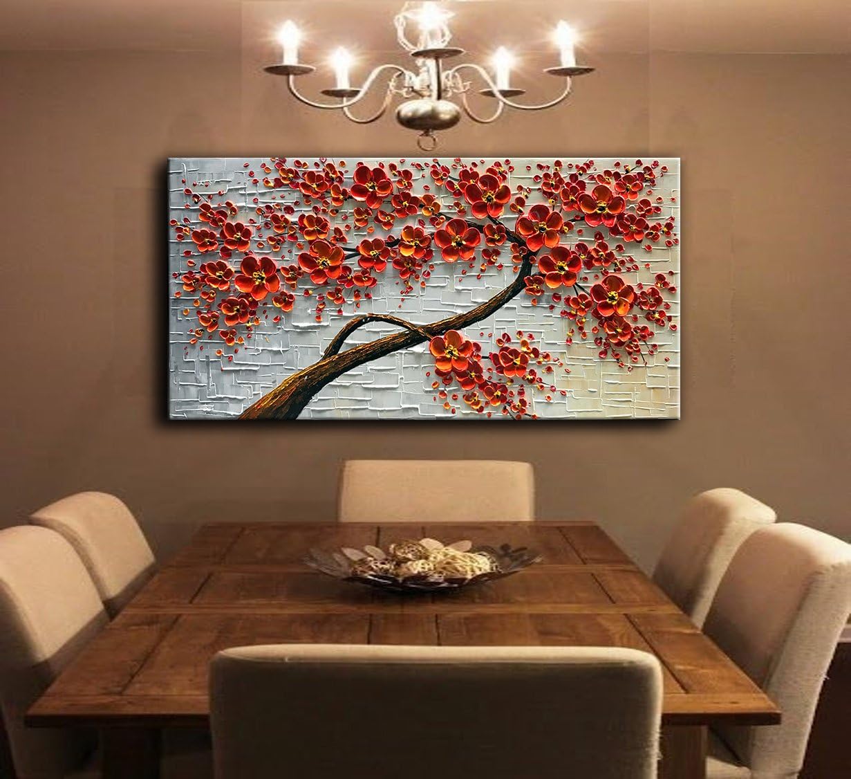 YaSheng Art - hand-painted Oil Painting On Canvas Texture Palette Knife Red Flowers Paintings Modern Home Decor Wall Art Painting Colorful 3D Flowers Tree Paintings Ready to hang 24x48inch