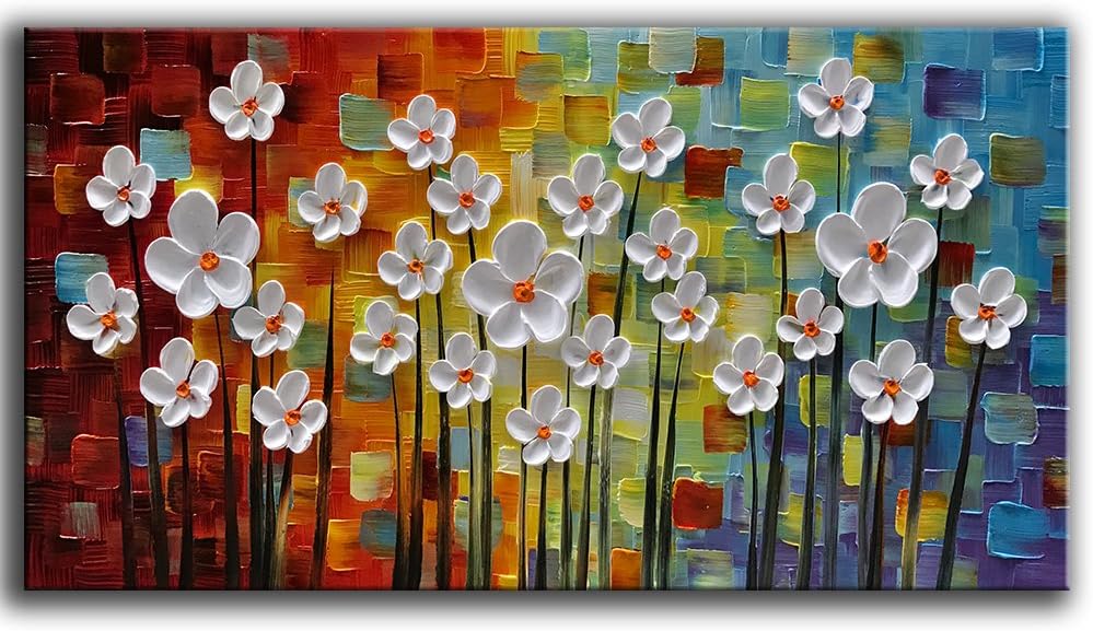 YaSheng Art - hand-painted Oil Painting On Canvas Texture Palette Knife Red Flowers Paintings Modern Home Decor Wall Art Painting Colorful 3D Flowers Tree Paintings Ready to hang 24x48inch