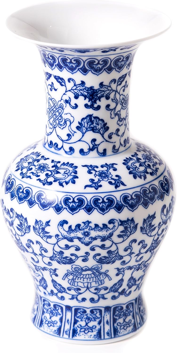 Modern Blue and White Porcelain Vase - Chinoiserie Ginger Jar for Home Decor, Floral Arrangement, 11-Inch Height Handcrafted Ceramic Vase