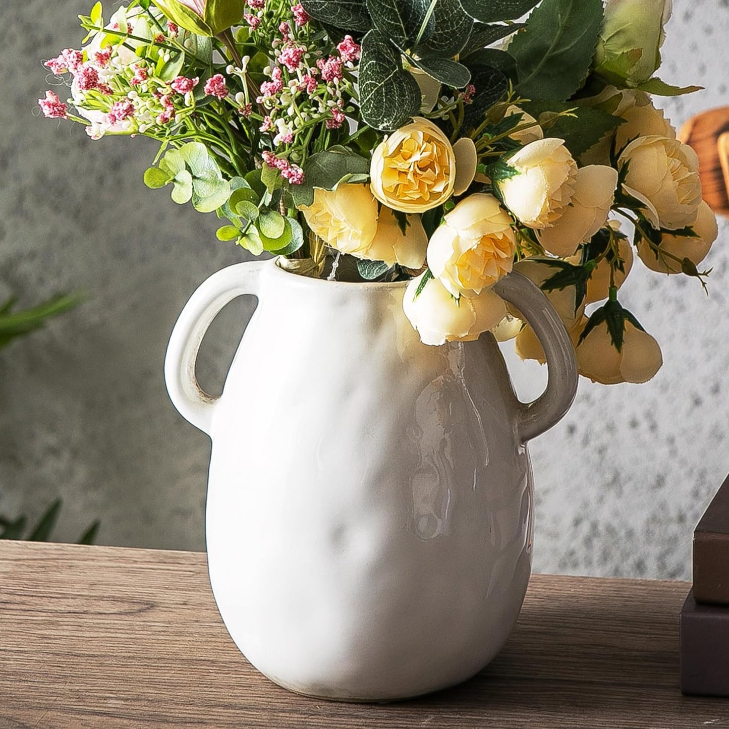 Blue Ceramic Vase with 2 Handles - Modern Farmhouse Rustic Terracotta Decorative Clay Boho Vase for Pampas Grass and Home Decor