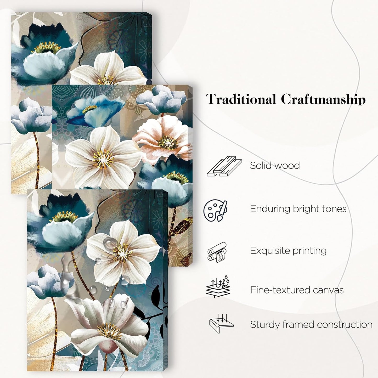 SERIMINO 3 Piece Lotus Flower Canvas Wall Art for Living Room, Blue Floral Picture Wall Decor for Dining Room Bedroom, Art Print Painting for Home Decorations 12"X16"