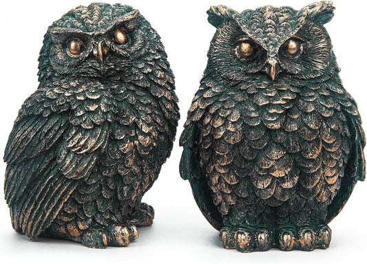 2 Pack Small Vintage Style Owl Statues for Home, Modern Style Figurine Decorative Ornaments for Living Room, Bedroom, Office Desktop, Cabinets, Knick Knacks for Shelves