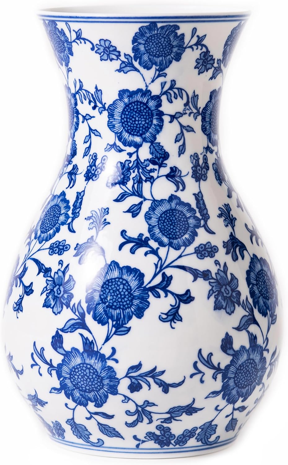 Modern Blue and White Porcelain Vase - Chinoiserie Ginger Jar for Home Decor, Floral Arrangement, 11-Inch Height Handcrafted Ceramic Vase