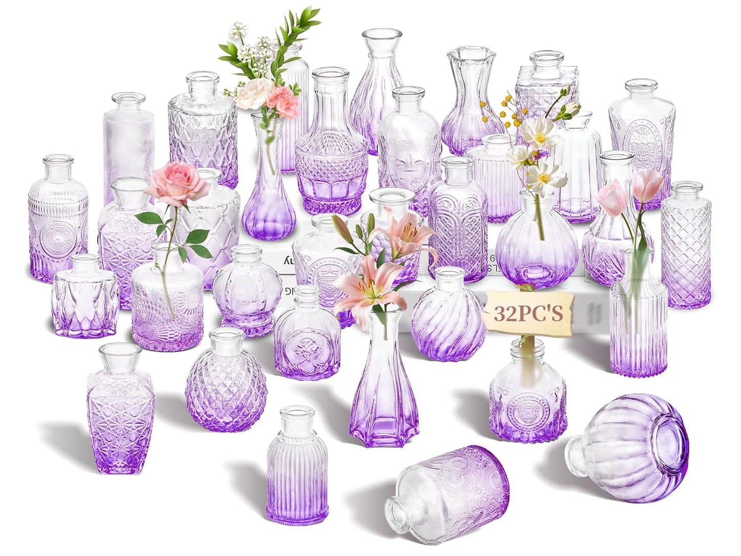 Clear Bud Vases Bulk 32,Small Flower Vases for Wedding,Glass Vintage Bottle Set for Centerpieces,Recepetion,Home