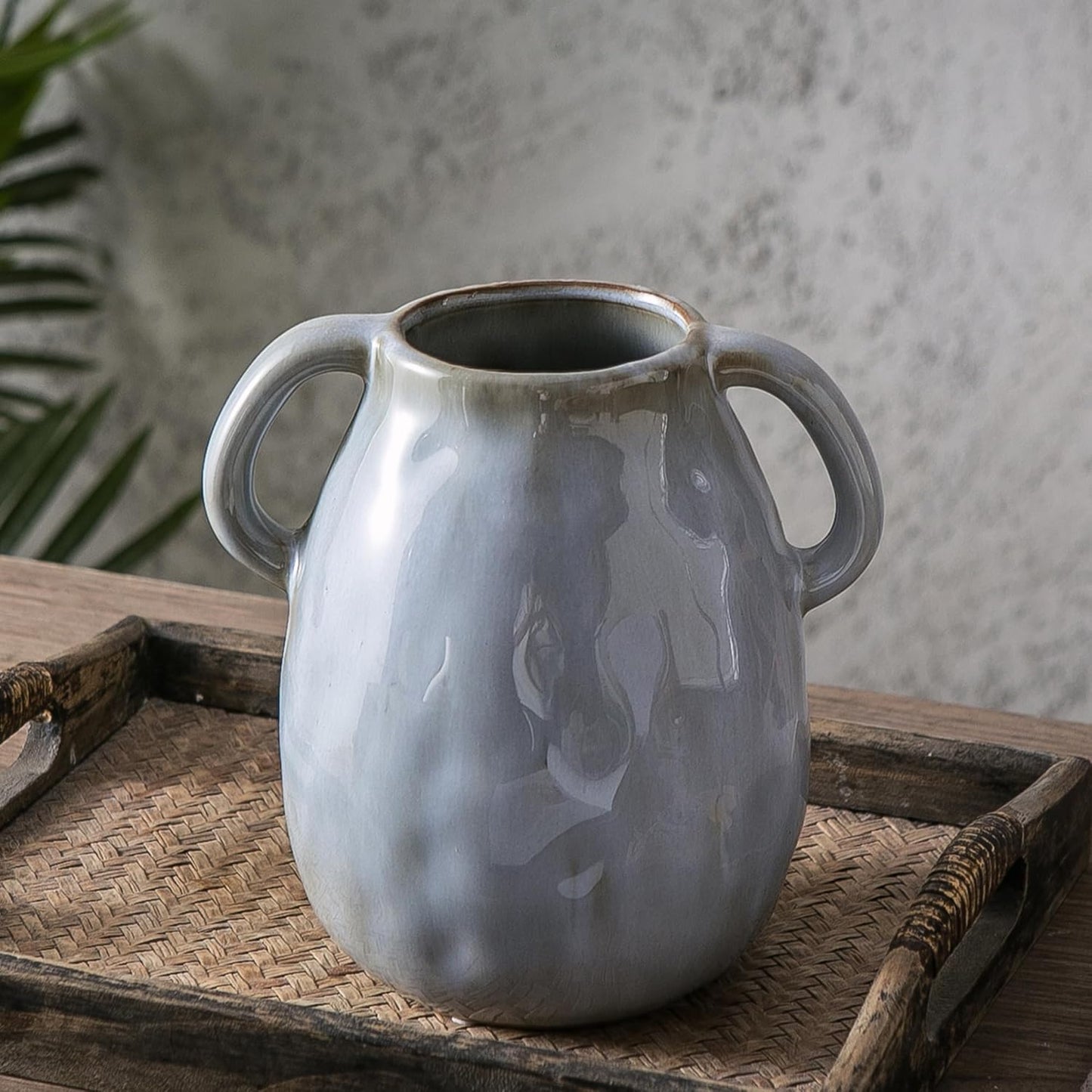 Blue Ceramic Vase with 2 Handles - Modern Farmhouse Rustic Terracotta Decorative Clay Boho Vase for Pampas Grass and Home Decor