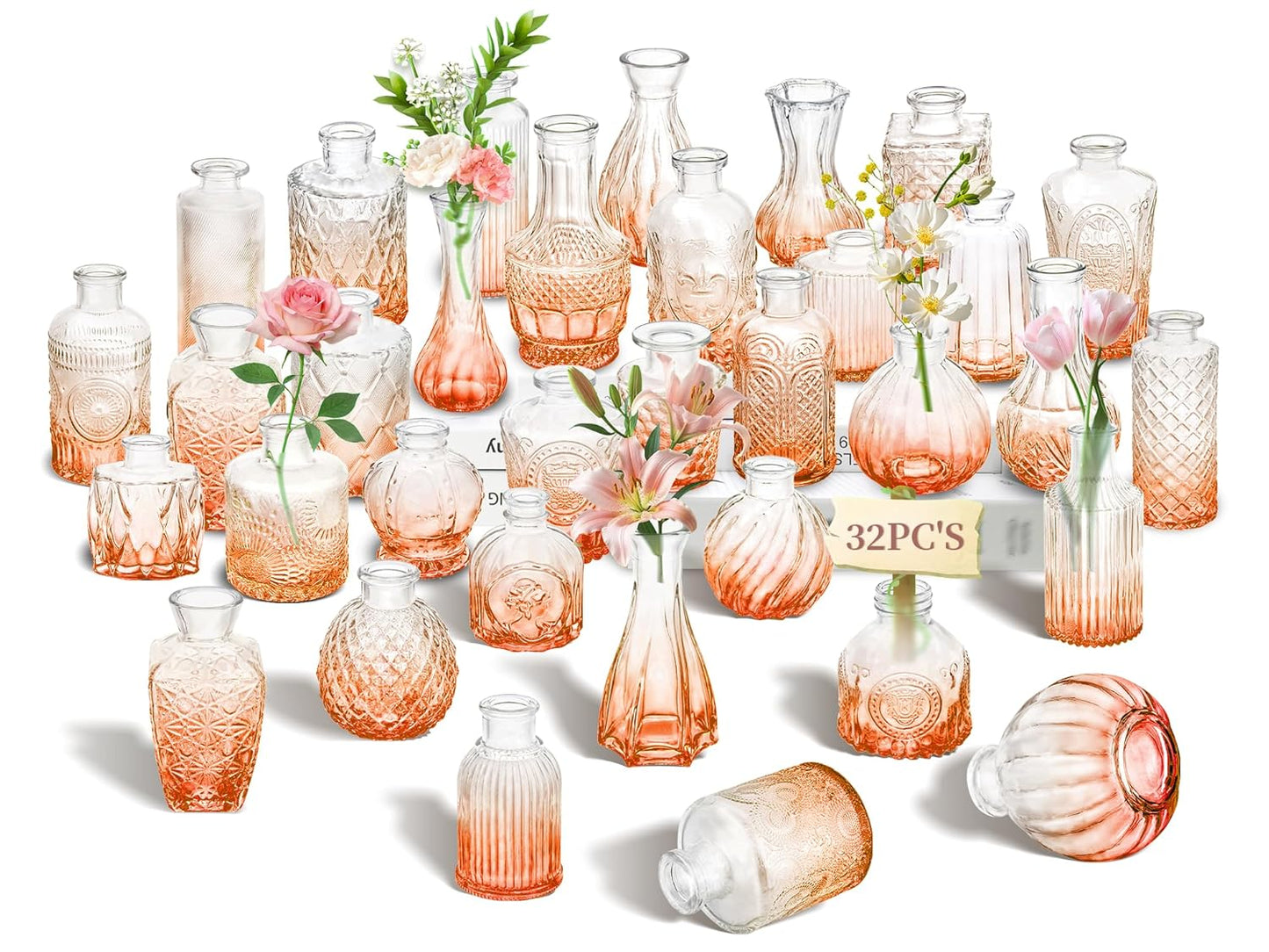 Clear Bud Vases Bulk 32,Small Flower Vases for Wedding,Glass Vintage Bottle Set for Centerpieces,Recepetion,Home