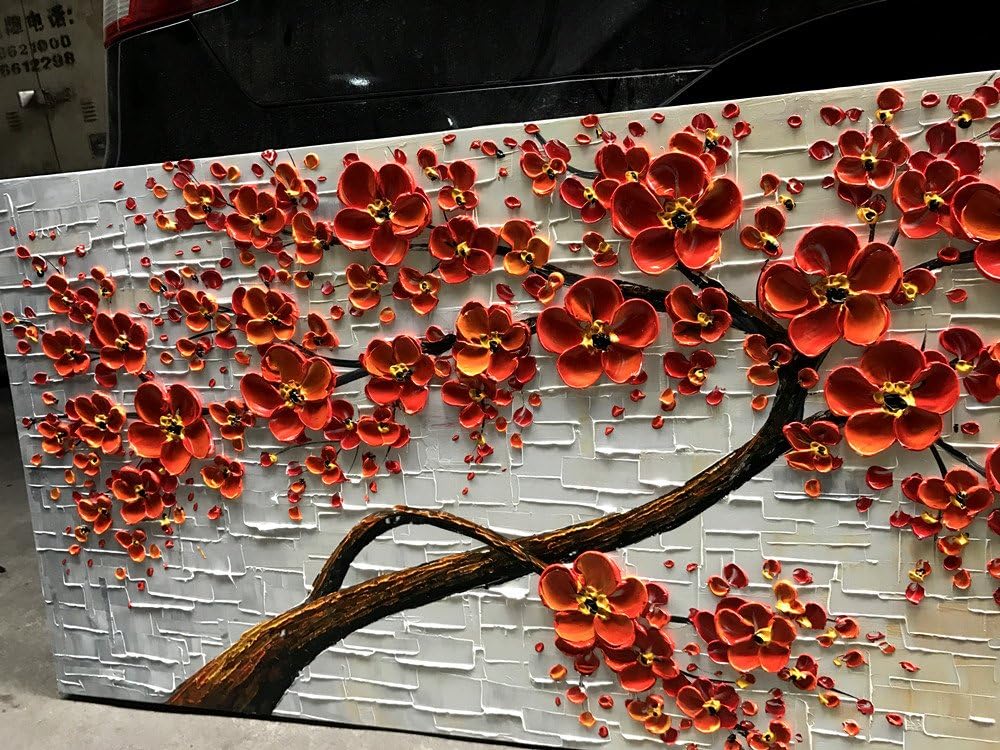 YaSheng Art - hand-painted Oil Painting On Canvas Texture Palette Knife Red Flowers Paintings Modern Home Decor Wall Art Painting Colorful 3D Flowers Tree Paintings Ready to hang 24x48inch